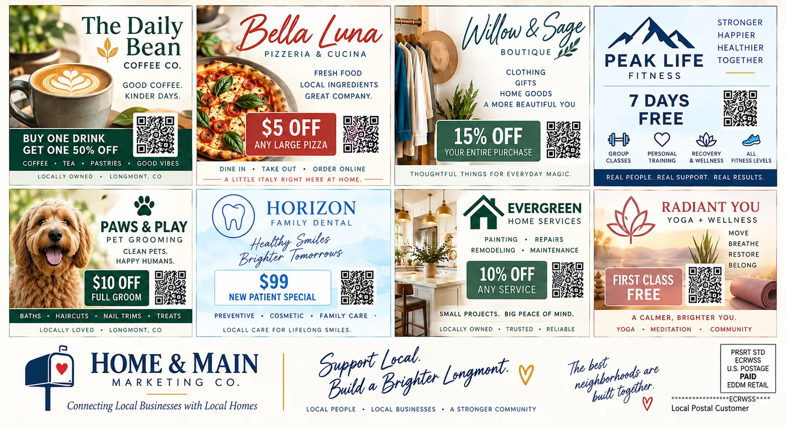 Front sample of the Home & Main shared postcard with fictional businesses and offers