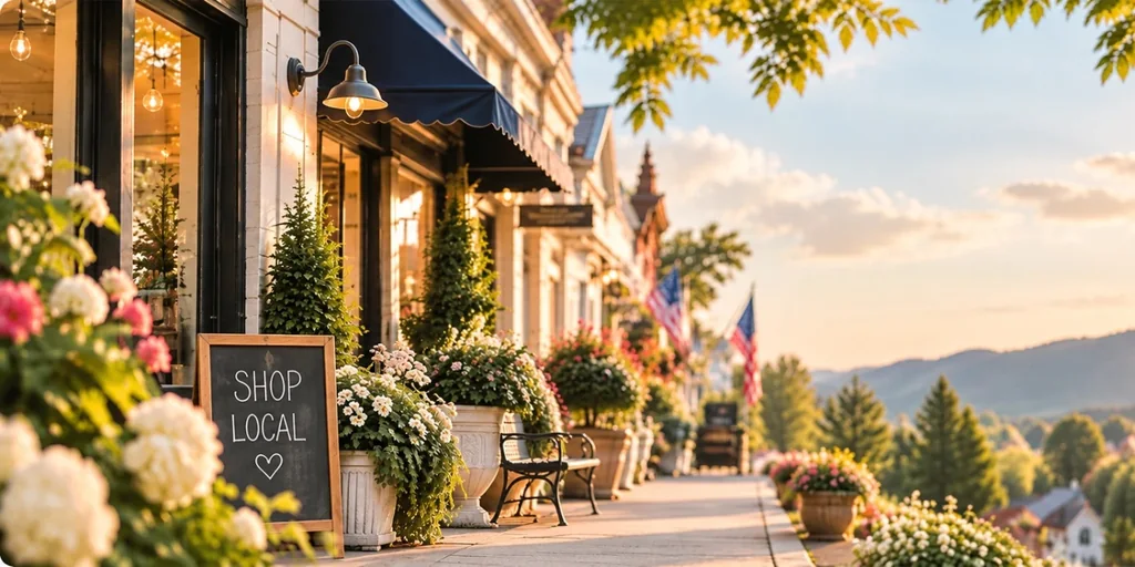 A flower-lined Main Street with local storefronts and a Shop Local sign