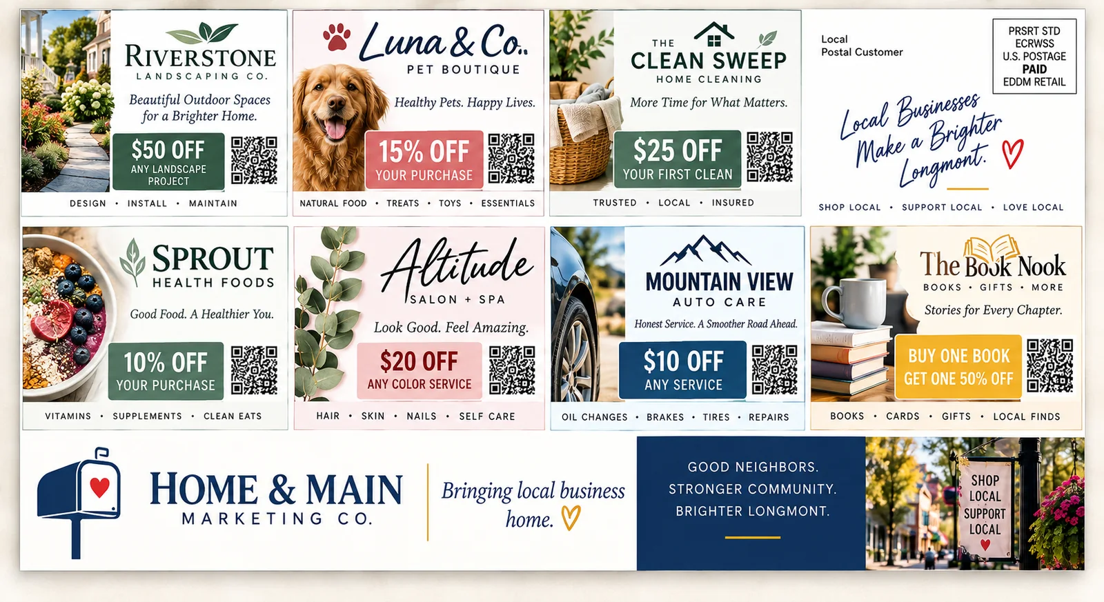 Reverse sample of the Home & Main shared postcard with fictional businesses and offers